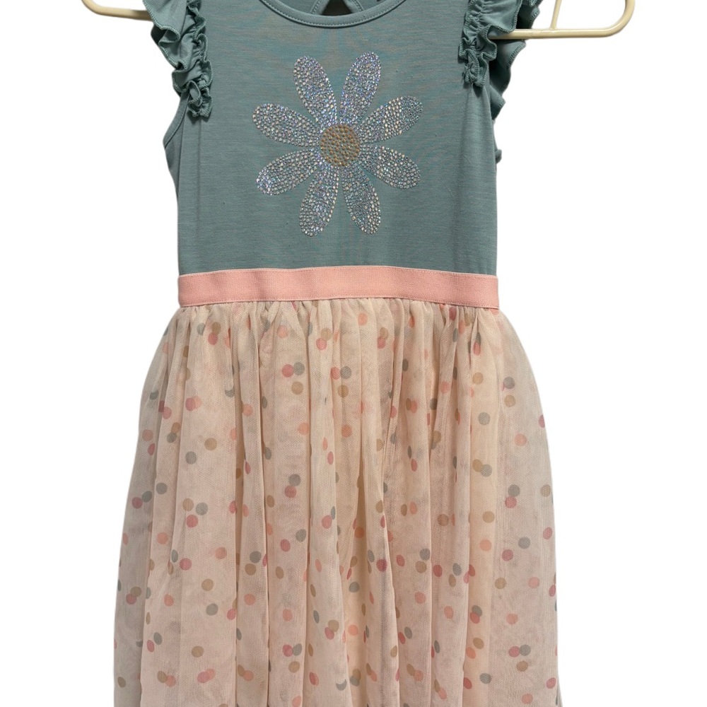 Zunie Girls Pink & Sage Sparkle Flower and Polka Dot Dress- size 7